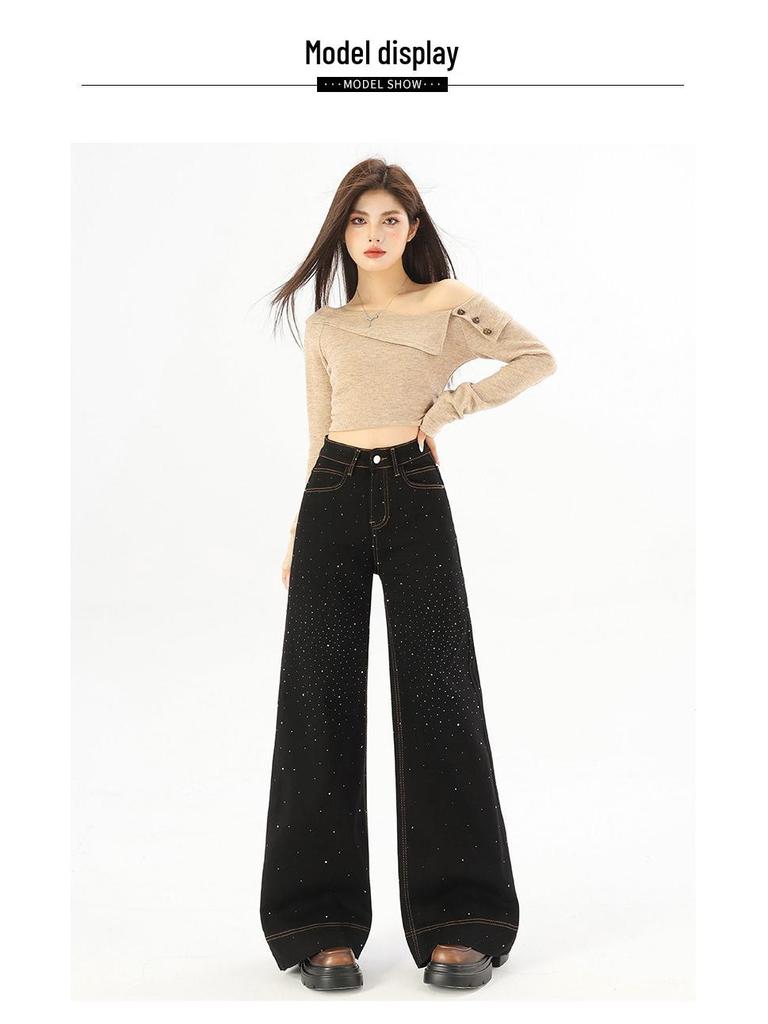 Women's Retro Black Gypsophila Wide-Leg High-Waisted Rhinestone Jeans with Elastic Fit and Velvet Lining