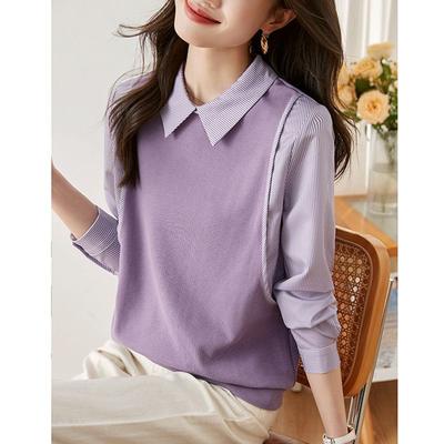 Camisa de Manga Larga Falsa de Dos Piezas a Rayas para Mujer, Nuevo Estilo, Top de Punto Chic