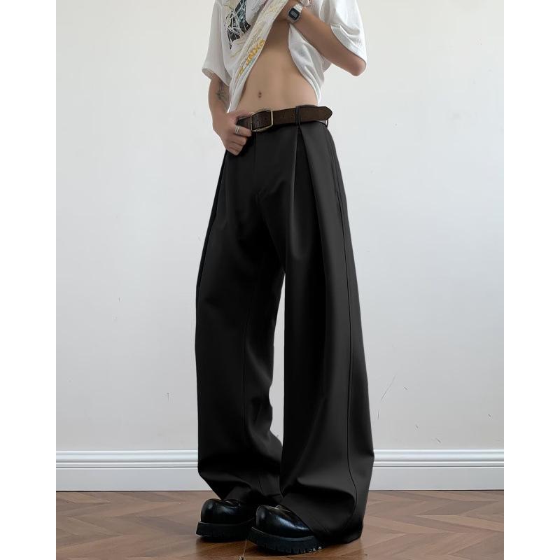 Korean version of retro silhouette vertical scimitar suit pants men's lazy wind wrinkled design loose straight wide-leg casual pants