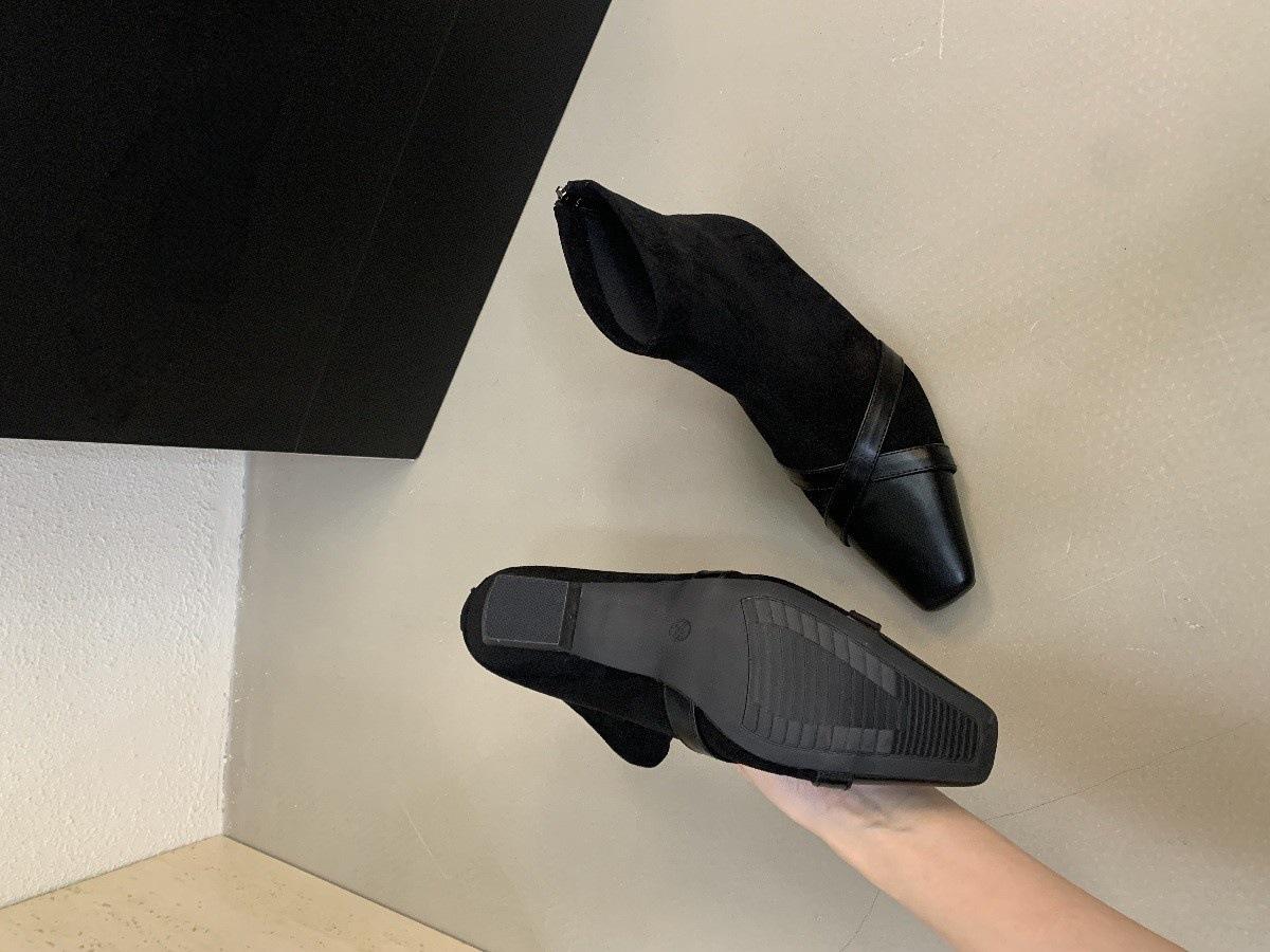 

New suede splicing small short boots spring and autumn single boots Korean square head thick heel low heel thin boots small ankle boots 40 чорний