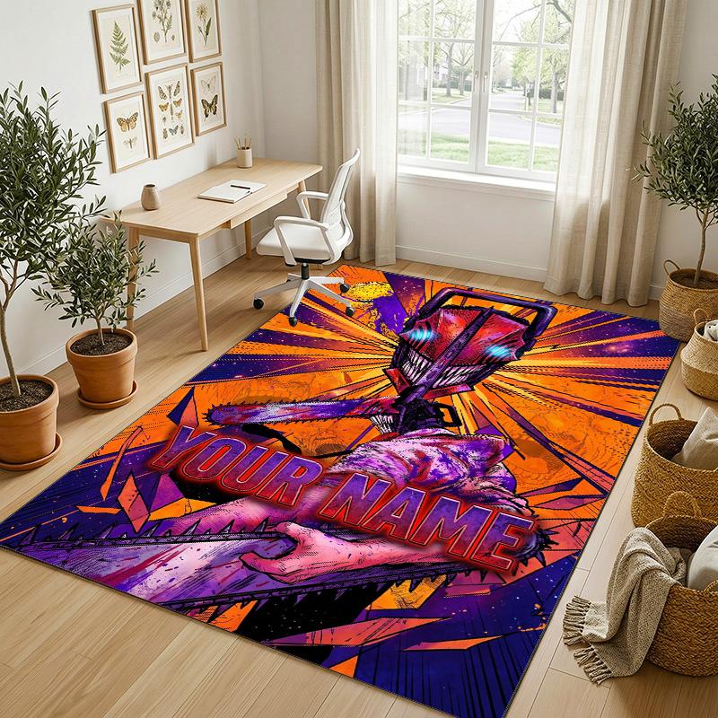 Personalized Crystal Velvet Carpet,Chainsaw Man Custom Printed Name, Plush Area Rug For Home Indoor Decor