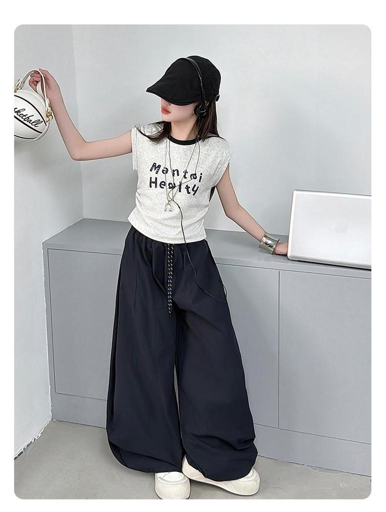 Girls' Korean Style Sleeveless T-shirt & Wide-Leg Pants Set - Casual Summer Street Dance Outfit