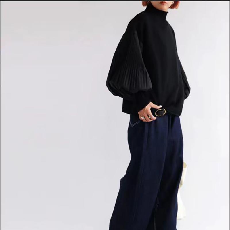 Winter Women Stylish Sweater Turtleneck Patchwork Casual Loose Pullover Lantern Sleeve Ladies' Sweater