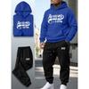 Retro Letter Printed Hooded Sweatshirt Set with Drawstring Sweatpants Two Piece Set for Men's Street Casual Sports Suit Trendy