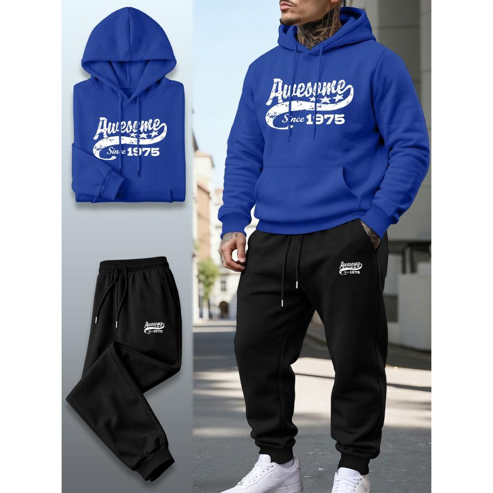 Retro Letter Printed Hooded Sweatshirt Set with Drawstring Sweatpants Two Piece Set for Men's Street Casual Sports Suit Trendy