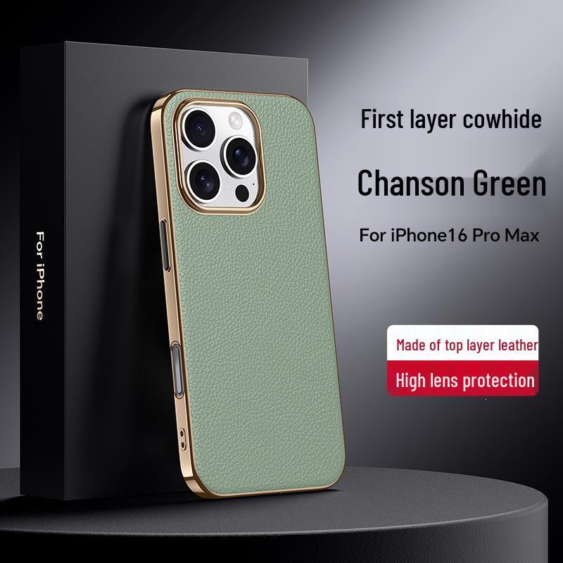 

Apple 16Pro Max Genuine Leather Phone Case for iPhone 15 with Metal Lens & Electroplated High-End Protective Cover 14Pro