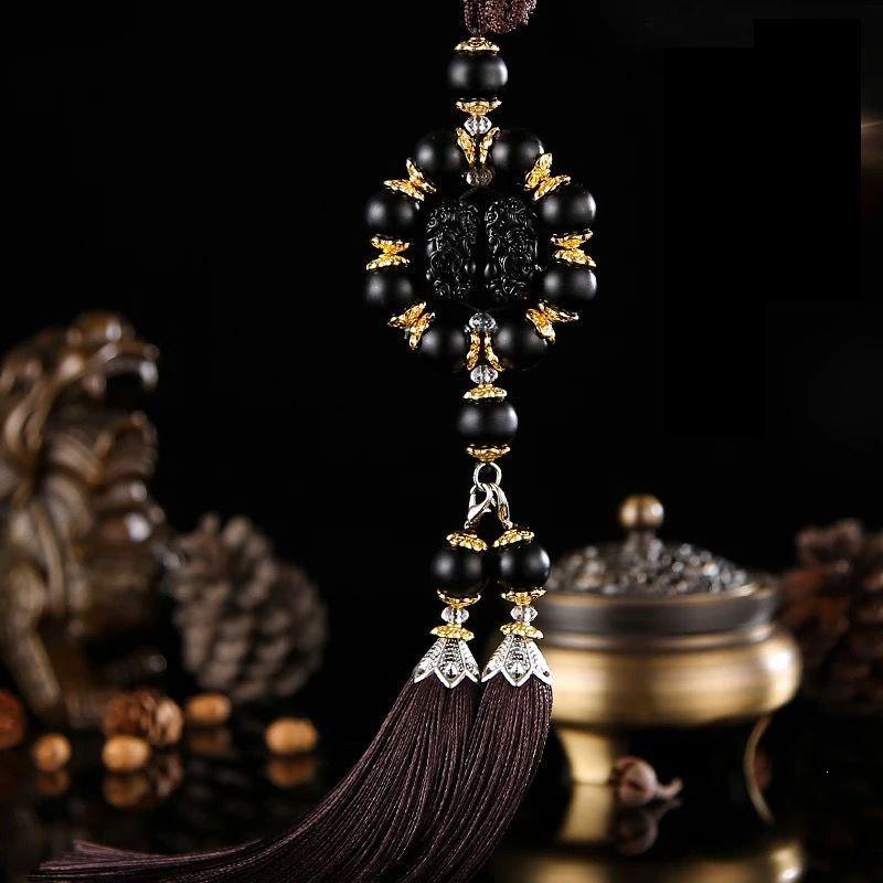 Faux Agate Double Pixiu Round Car Pendant for Interior Decor