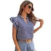 Blouse à imprimé carreaux d'été à volants double épaisseur pour femme, chemise douce et mignonne à col en V, hauts à manches courtes à carreaux pour femme, vêtements décontractés simples et amples