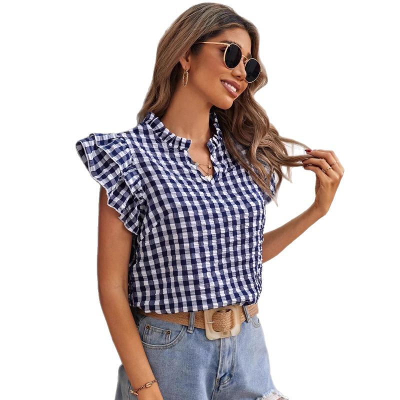 Blouse à imprimé carreaux d'été à volants double épaisseur pour femme, chemise douce et mignonne à col en V, hauts à manches courtes à carreaux pour femme, vêtements décontractés simples et amples