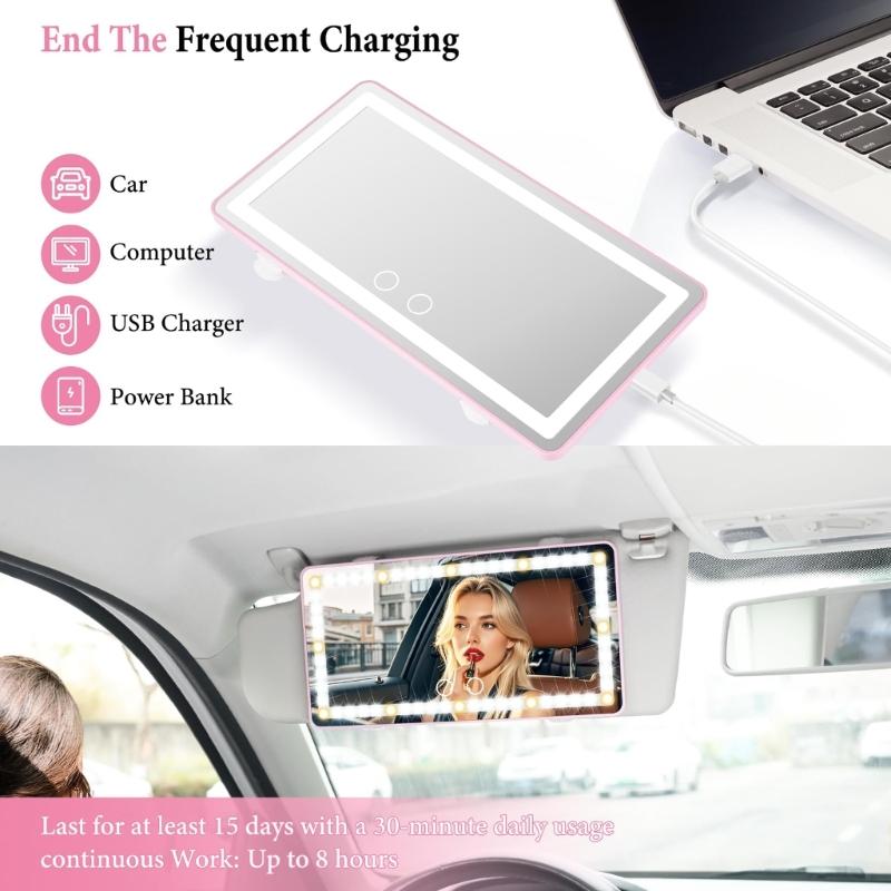 Rechargeable Makeup Mirror with Dimmable Touch 60 LEDs 3 Light Modes for Car Sun Visors Interior Accessory Quick Install