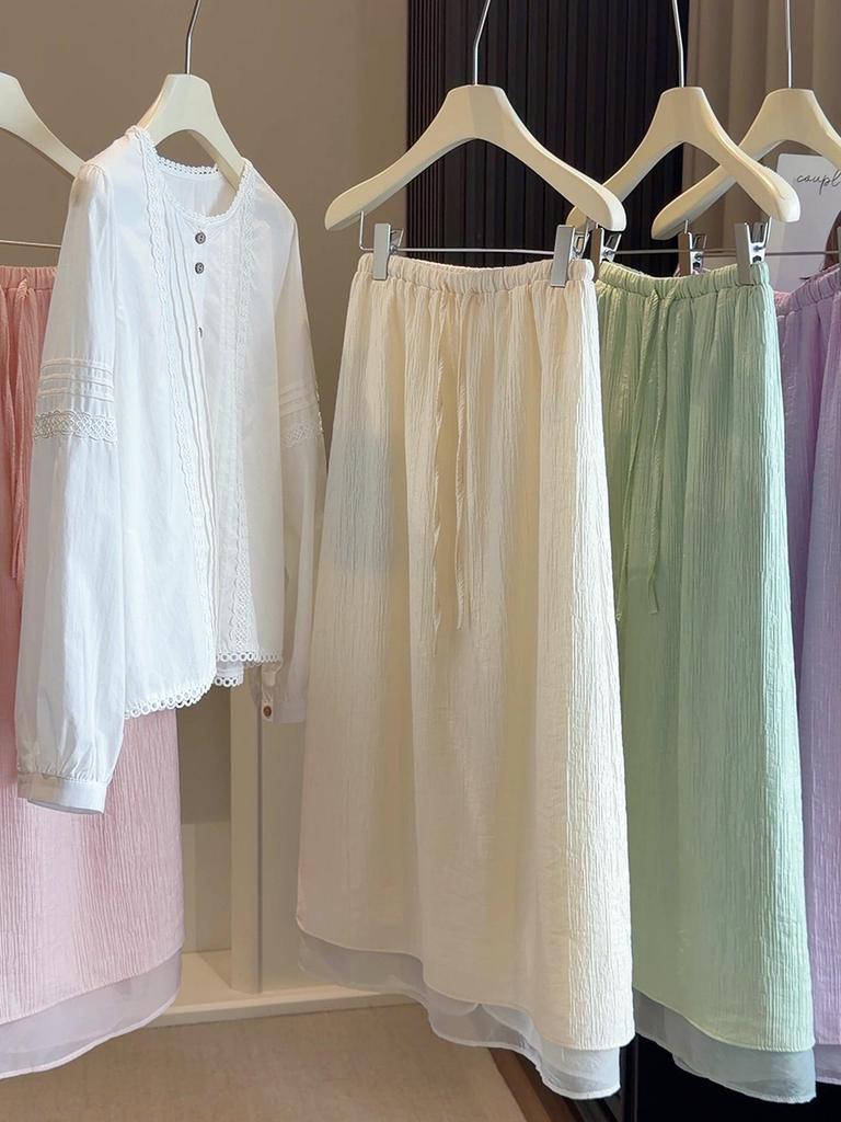 Korean Textured High-Waisted Drawstring Skirt with Mesh Hem and Back Slit for Women