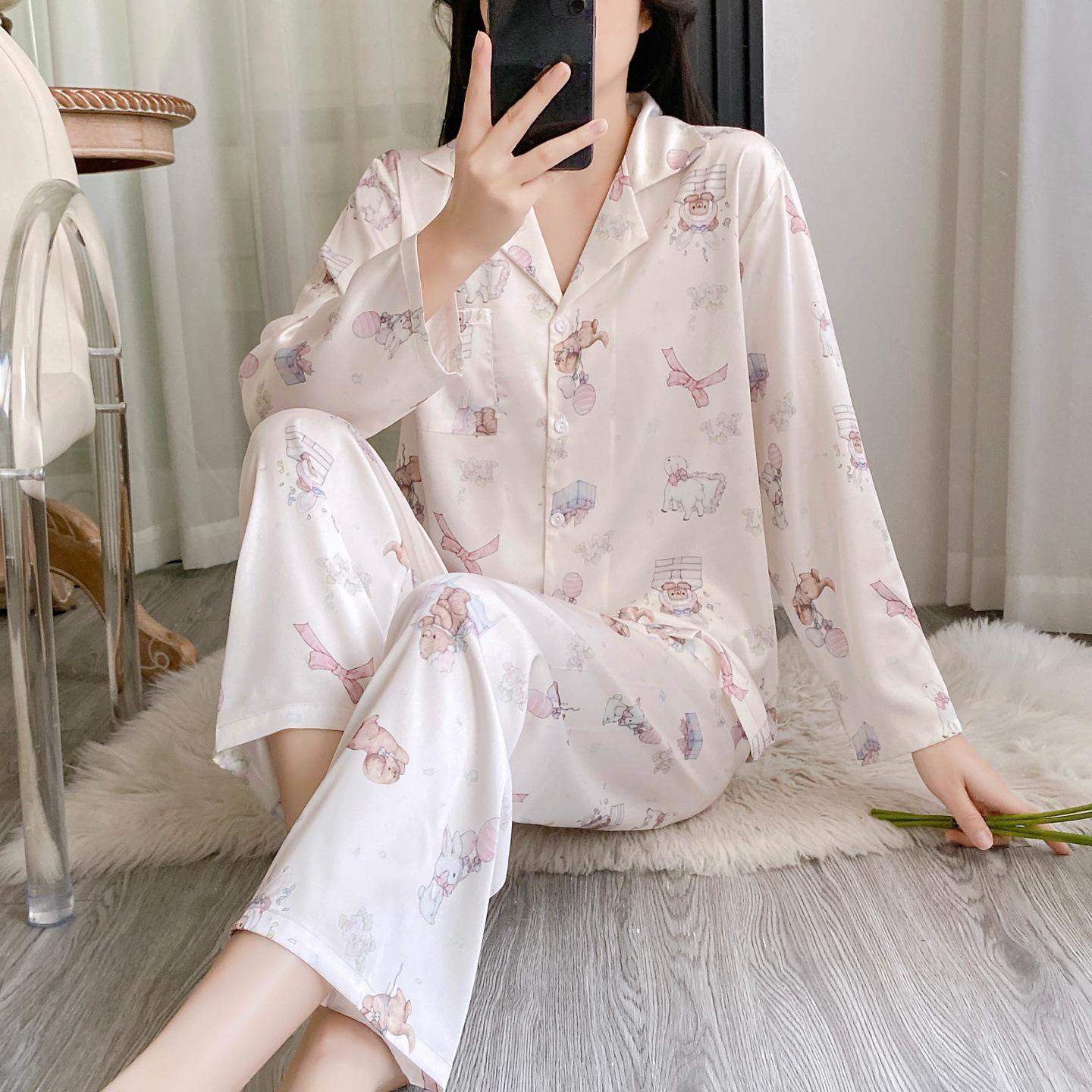 

2026 Spring Cartoon Print Chiffon Pajama Set for Women, Cardigan Long Sleeve & Long Pants Home Wear Set Large