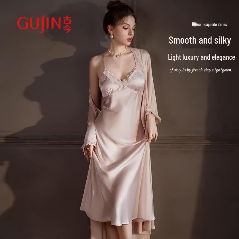 GUJIN Women s Ice Silk French Nightdress  Robe Set XL