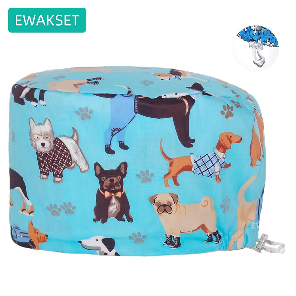 Women's Long Hair Medical Scrub Cap Dental Anesthesia Skeleton OBGYN Print Surgical Hat Adjustable Euro Style for Nurse Doctor