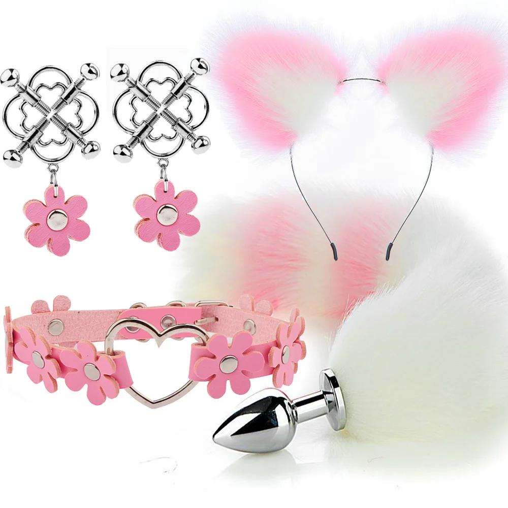 Cute Fox Tail Anal Plug Cat Ears Headbands Set Adult Toys For Women Butt Plug Tails