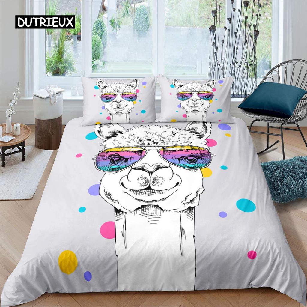 Alpaca Duvet Cover Set Cute Sloth Comforter Cover Cactus Funny Animal Bedding Set Polyester Love Heart Cartoon Style Quilt Cover
