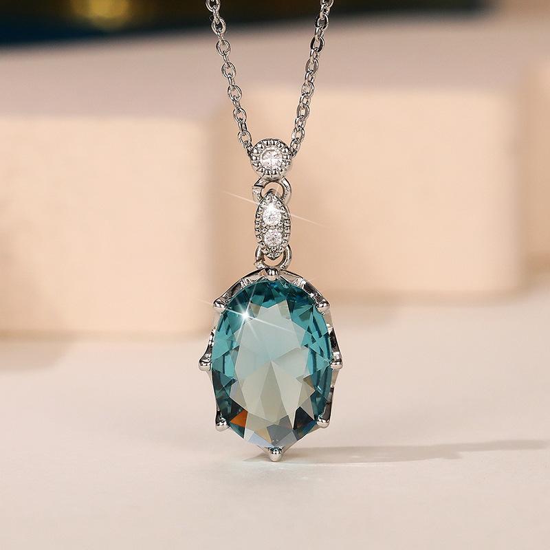 Oval Cut Artificial Sapphire Pendant Necklace with Zircon Accents, Suitable for Delicate Jewelry Worn in Daily Life