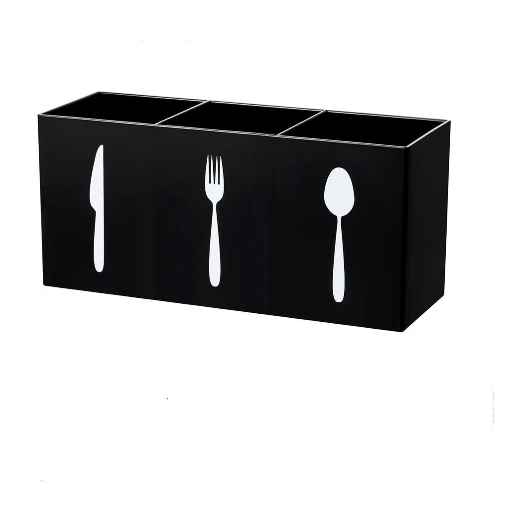 Acrylic Desktop Organizer 3 Compartments Pen Holder Silverware Knife, Fork and Spoon Cutlery