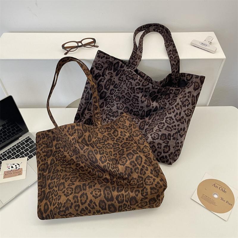 Retro Faux Suede Women's Shoulder Bags Leopard Print Large Capacity Ladies Shopping Bag College Style Girls Handbag Fall Winter