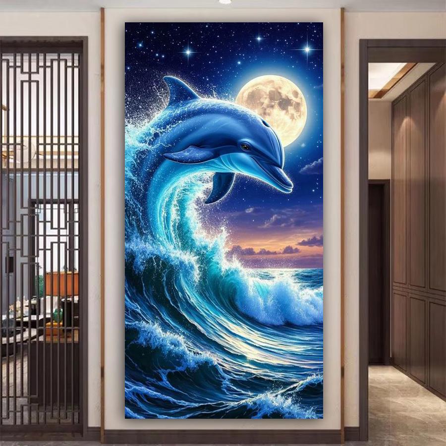 Mond Delphin Wellen Große Größe Diamantmalerei Meerestiere DIY Voll Quadratisch Rundbohrer Strass Stickerei Mosaik Kreuzstich Sets Wanddekoration