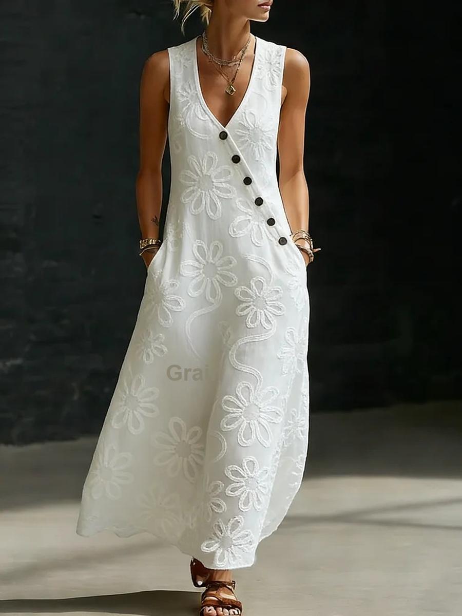 Women s Summer New Elegant Floral Embroidery V-Neck Dress S белый