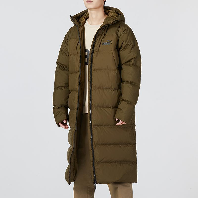 Puma Logo Print Stand Collar Long Hooded Down Jacket Men Outerwear Dark-Green 672435-62