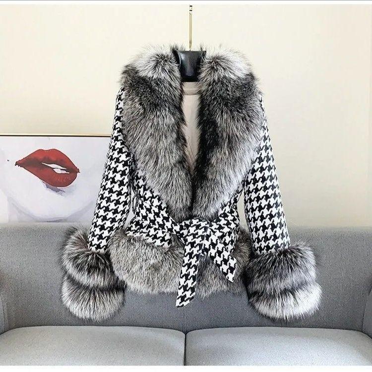 Fur Coat Women`s Short Houndstooth Fur