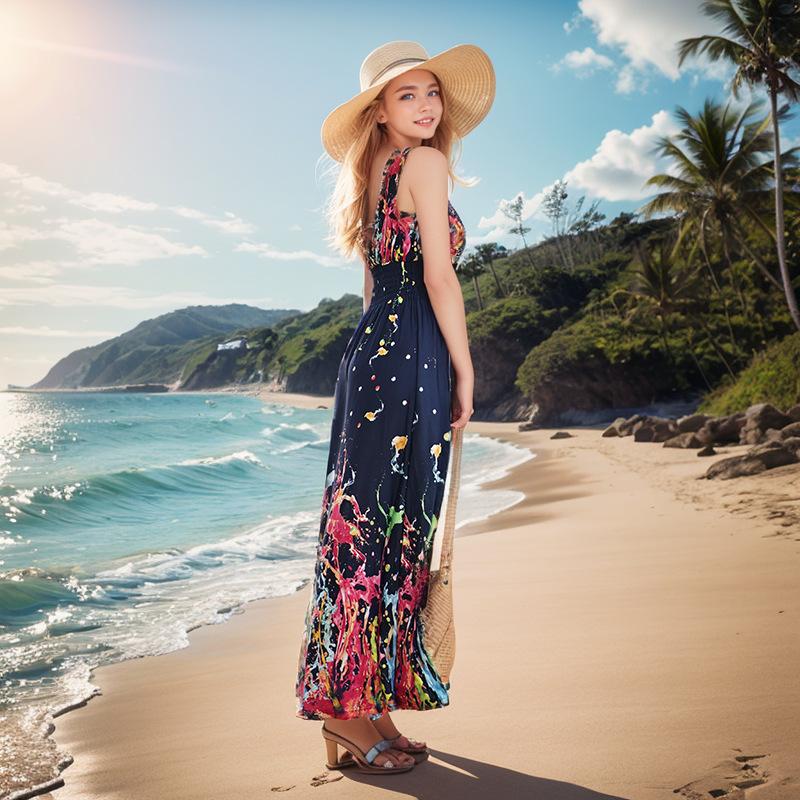 Plus Size Women's Fashion New Ice Silk Screen Flower Beach Long Dress