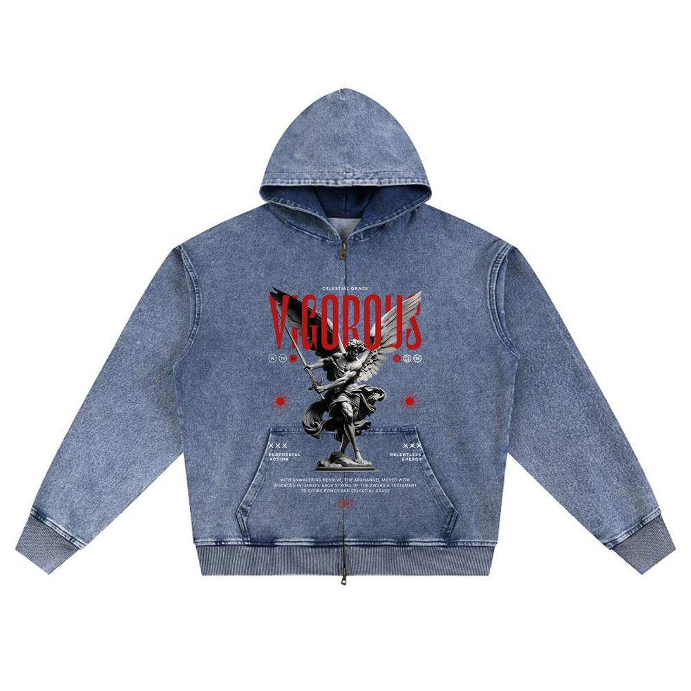 DTG print Knitted Denim Zip-Up Hoodie Angel Streetwear Brother Print Zipper Hoodies