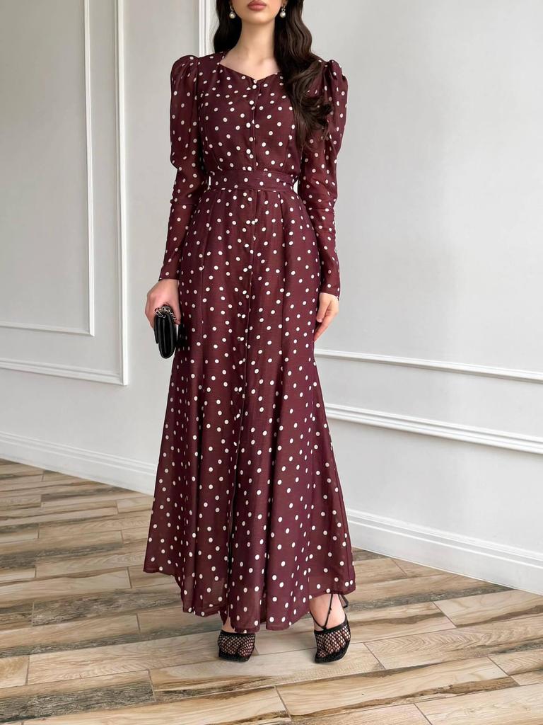 2026 Spring/Summer European and American Slimming V-neck Polka Dot Dress with Long Sleeves