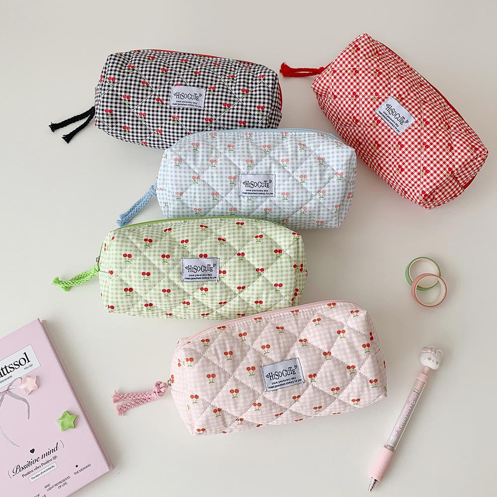 Korean Cherry Plaid Stationery & Pencil Case – High-Value Portable Journal & Desktop Storage Bag for Students