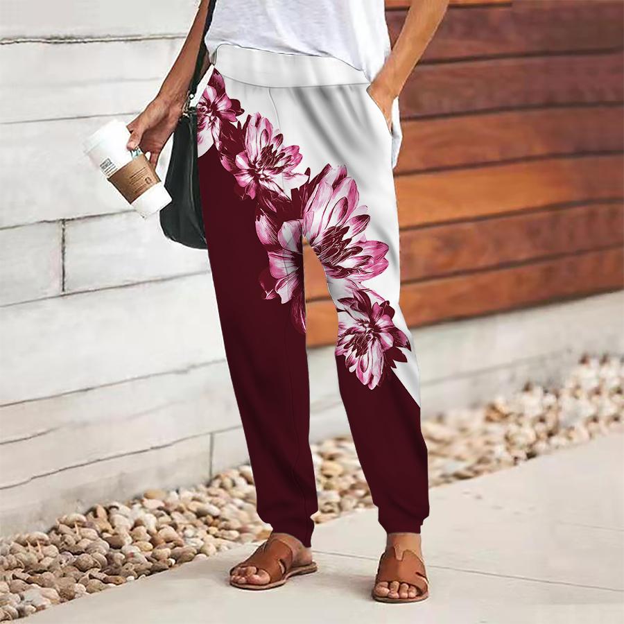 Women Flower Printing Pants Lace Up Elastic Waist Loose  Trousers Casual Long Pants Trousers with Pockets