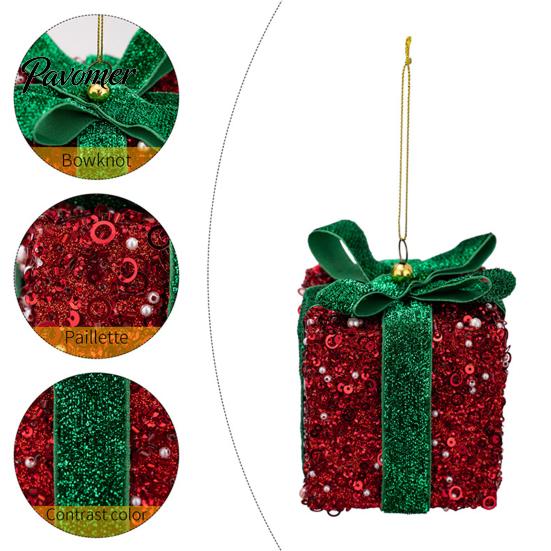 Holiday Party Supplies Christmas Gift Box Ornament with Glitter, 3D Present Hanging Decor Xmas Tree Decorations Green Ribbon Bow, Pendant, Festive