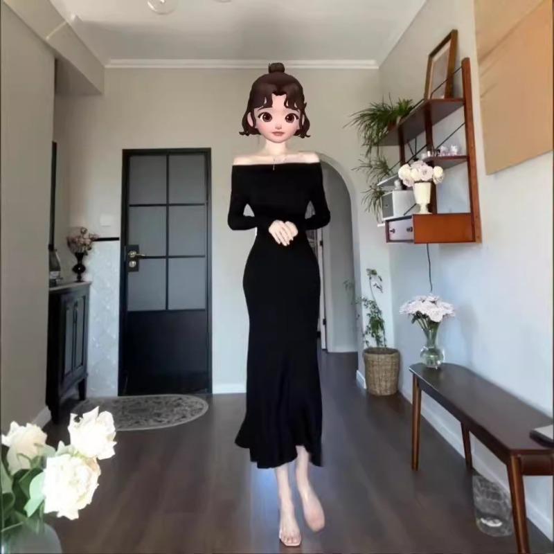 Elegant and high-end one-word shoulder-wrapped buttocks fishtail knitted skirt, slim and thin temperament, gentle inner dress