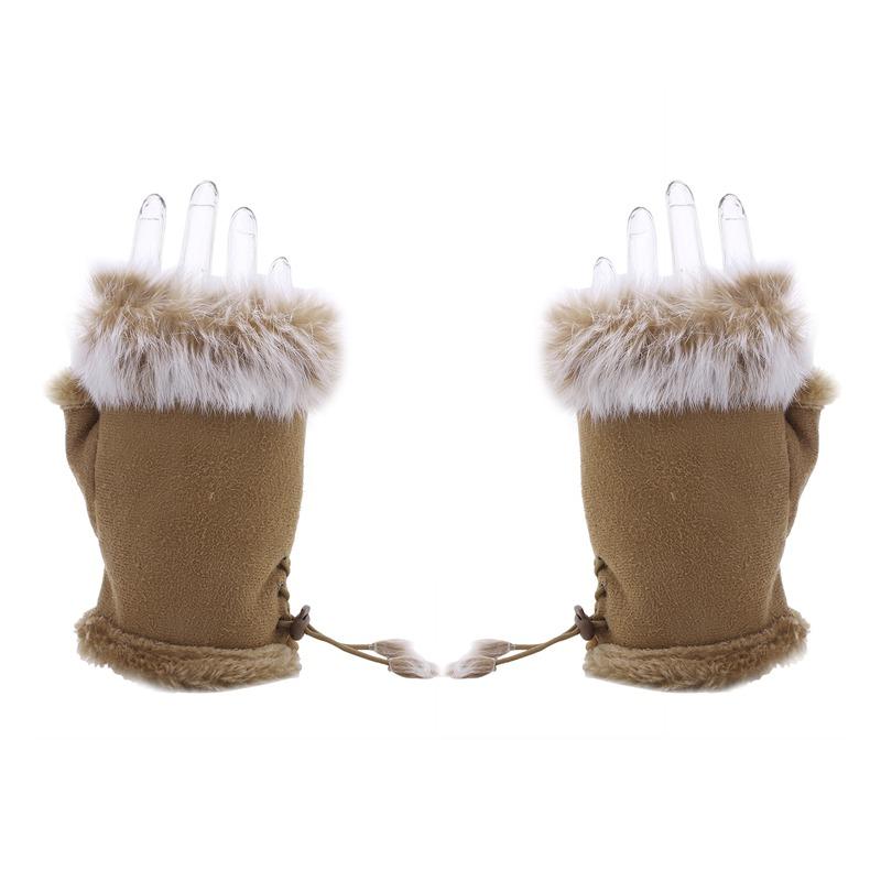 Women's Winter Faux Rabbit Fur Gloves - Fashionable Fingerless Mittens With Faux Leather Wrist Warmers 