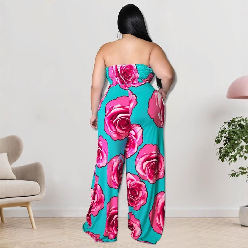 MY900 Plus Size Womens Sleeveless Knit Jumpsuit With Floral Print Rose Red Blue Breathable Milk Silk Fabric Straight Leg 2025 Collection