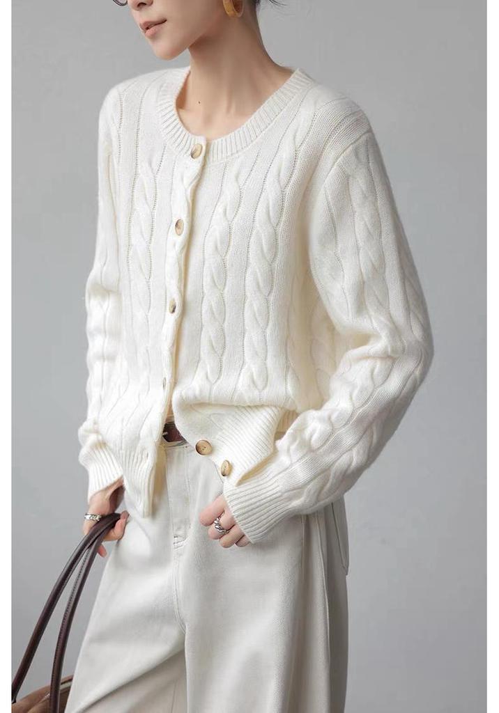 Autumn 2026 Women's Round Neck Cable Knit Cardigan - Long Sleeve, Single-Breasted Sweater.
