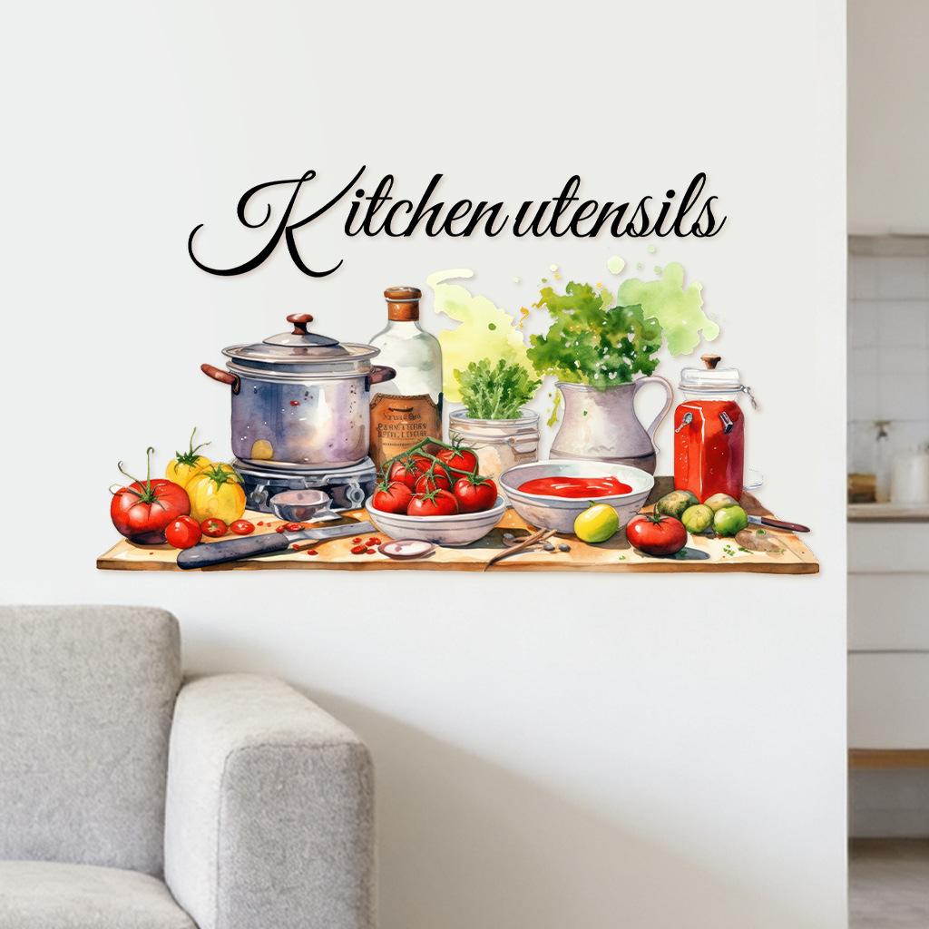 Naklejki ścienne z owocami i przyborami kuchennymi, Usuwalne, Antystatyczne, Wodoodporne, Samoprzylepne naklejki z PVC do dekoracji kuchni