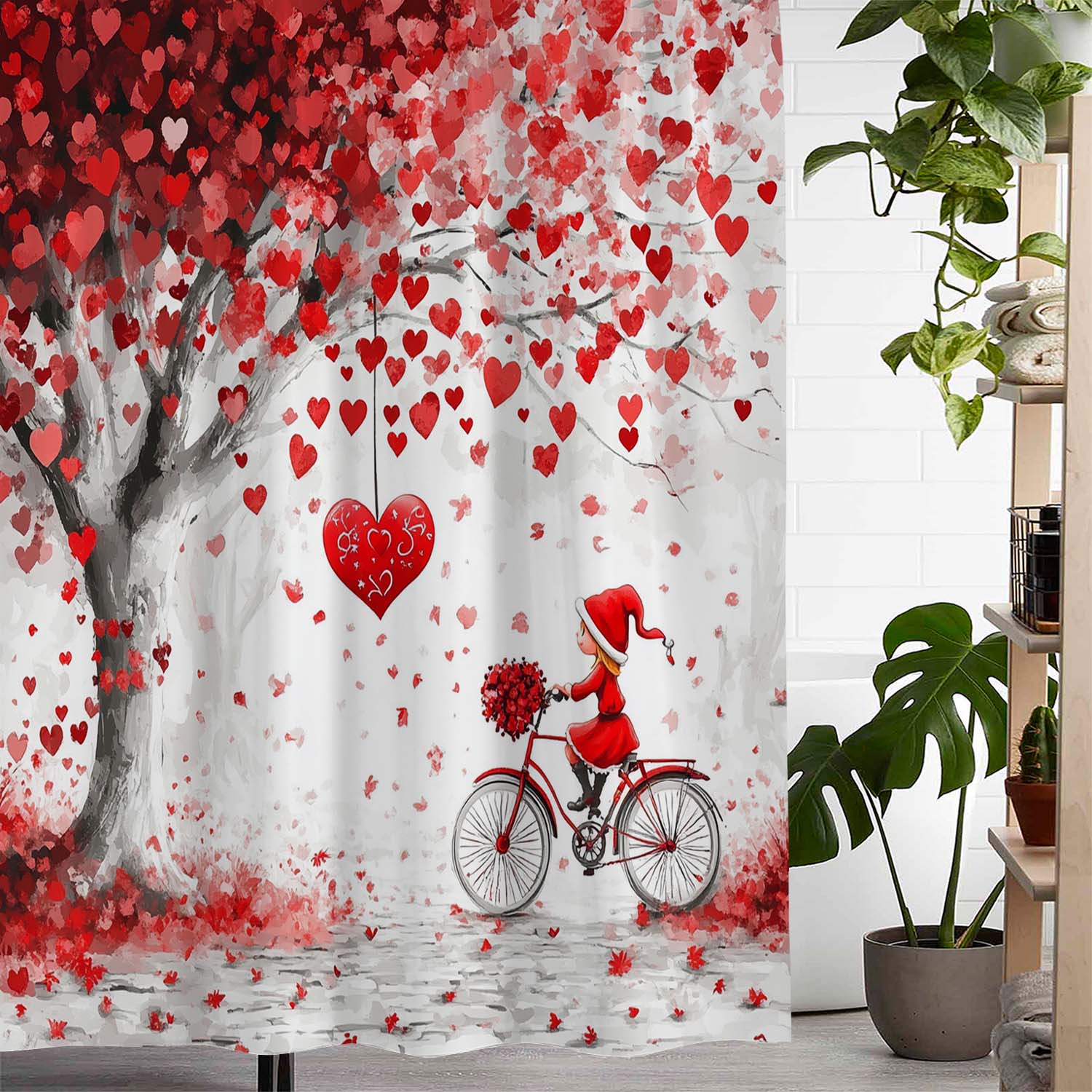 

A Romantic Valentine S Day Heart Tree Fairy Bicycle Printed Shower Curtain And Window Curtain With 12 Hooks. W60H190(CM)-1 Pcs
