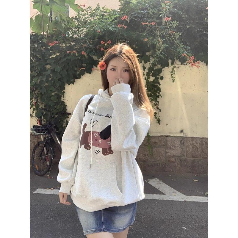 Kumikumi Idle Style Puppy Printed Loose Hooded Sweatshirt Women Fall Minority All-Match Loose Slim Looking