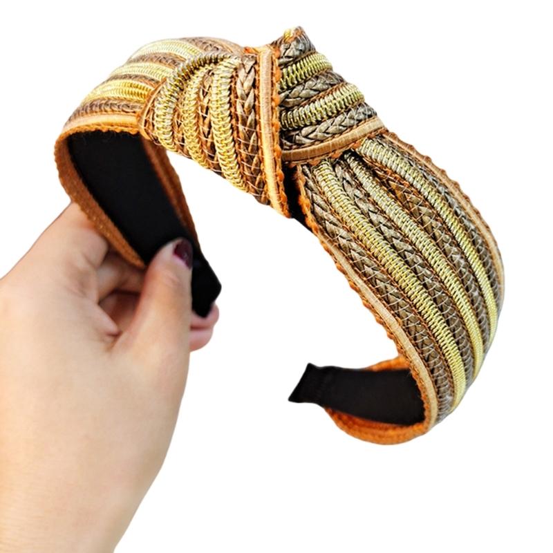 Natürliches Stroh Gewebtes Haarband Breites Design Knoten Verzierungen Bequemes Slip Kopfstück Für Tägliches Styling