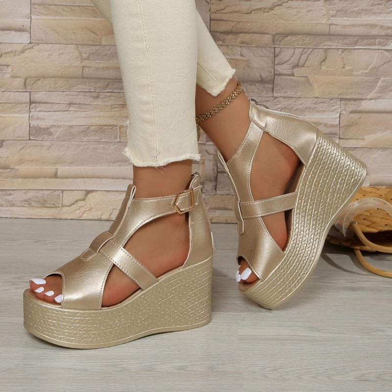 Plus-size platform high-heeled sandals for women, new summer style, wedge heel, peep toe, back zipper Roman sandals