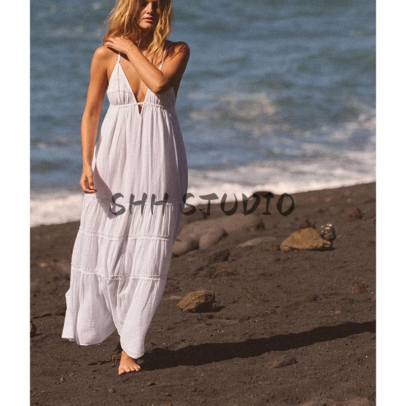 Spring New Women's Clothing Pure Desire Style V Neck Sleeveless Embroider Cotton Sling Mid-Length Dress 0881343