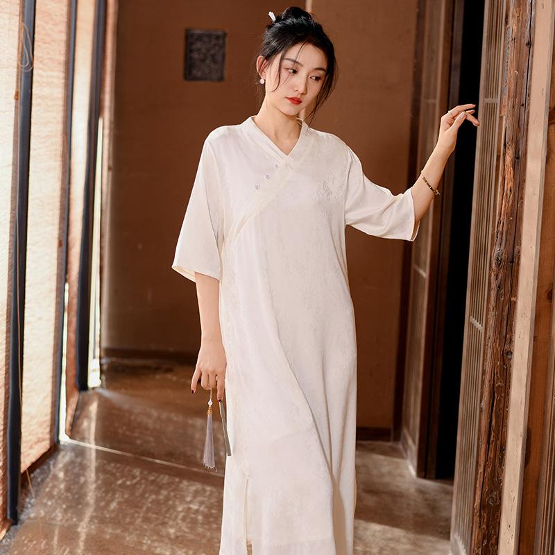 Johnature Women Chinese Style V-Neck Dresses Jacquard Half Sleeve Button Summer A-Line Female Vintage Dress