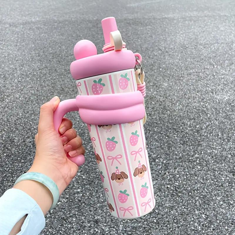 Cute Vacuum Thermos Bottle Double Wall Insulated Straw Tumbler Leakproof Tumbler with Handle Thermos for Car Camping Drinkware
