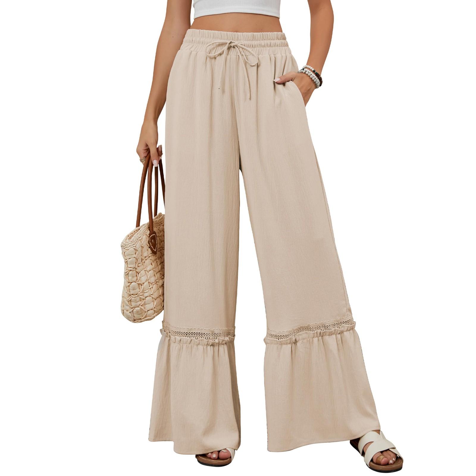 

Pants For Women Flowy Pants Boho High Waist Wide Leg Trousers Summer Beach Vacation Outfits S бежевый