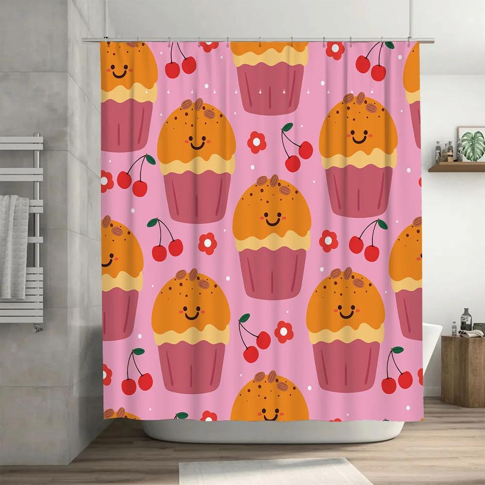 Cute cupcake shower curtain with smiling faces perfect for a bathroom Pink background with cherries and nuts. Made from waterpr