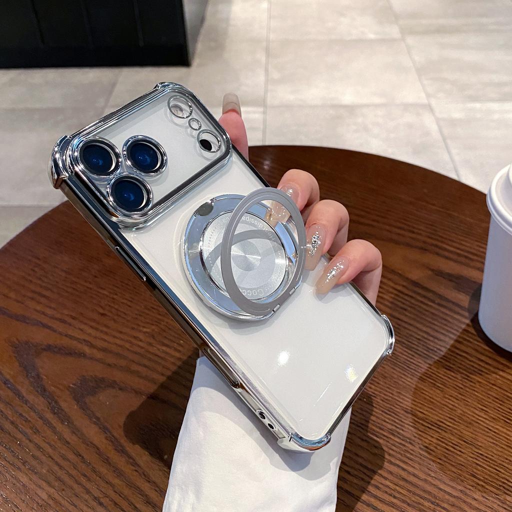Rotating Stand Wireless Charge Clear Case For iPhone 17 Air 16E 15 14 Plus 12 13 11 Pro Max Four Corner Enhance Shockproof Cover