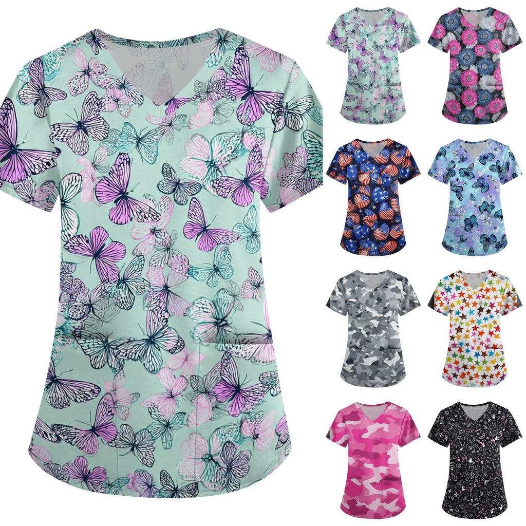 Women's V Neck Floral Print Short Sleeve Medical Scrub Top with Pocket Vintage Style Comfortable Fit Nursing Workwear