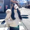 Winter versatile navy blue hooded fur collar short cotton-padded jacket women's new warm thickened polyester cotton-padded jacket